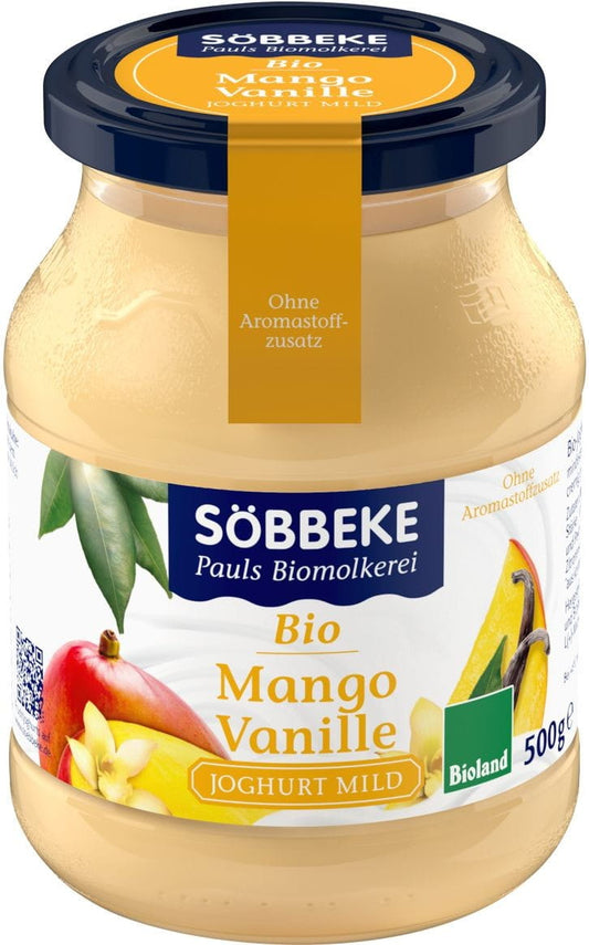 Cremiger Bio-Mangojoghurt Vanille von SOBBEKE in Glas, 500 g, mit fruchtigem Mangogeschmack und Vanillearoma.