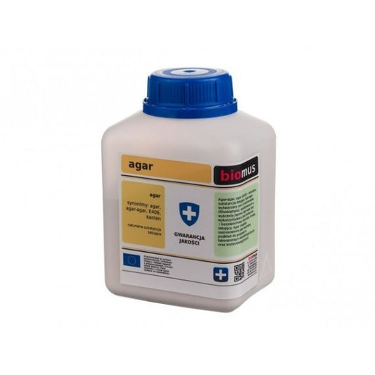 Agar Agar Pulver in 250g Packung von BIOMUS, feines Geliermittel für Kochrezepte, auf weißem Hintergrund.