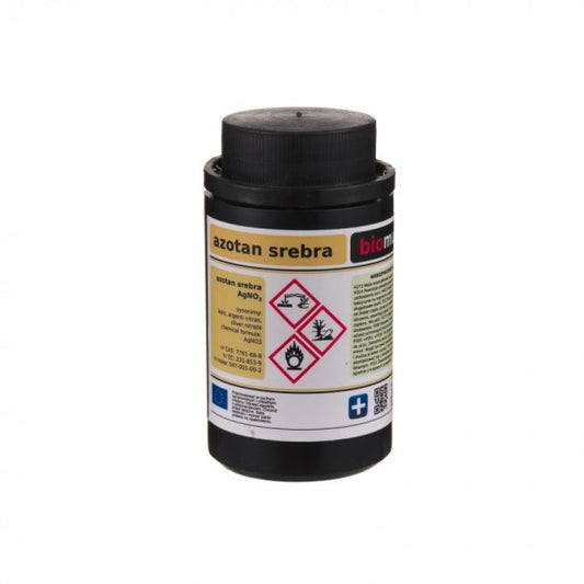 Silbernitrat 25g von BIOMUS in einer transparenten Verpackung, silbriges Pulver sichtbar in der Verpackung.
