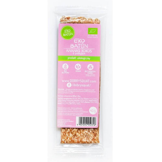 Bio Ananas-Kokos-Riegel mit Grünkohl von DOBRY SQUAT, 45 g, mit fruchtigen und grünen Zutaten, natürliche Snack-Option