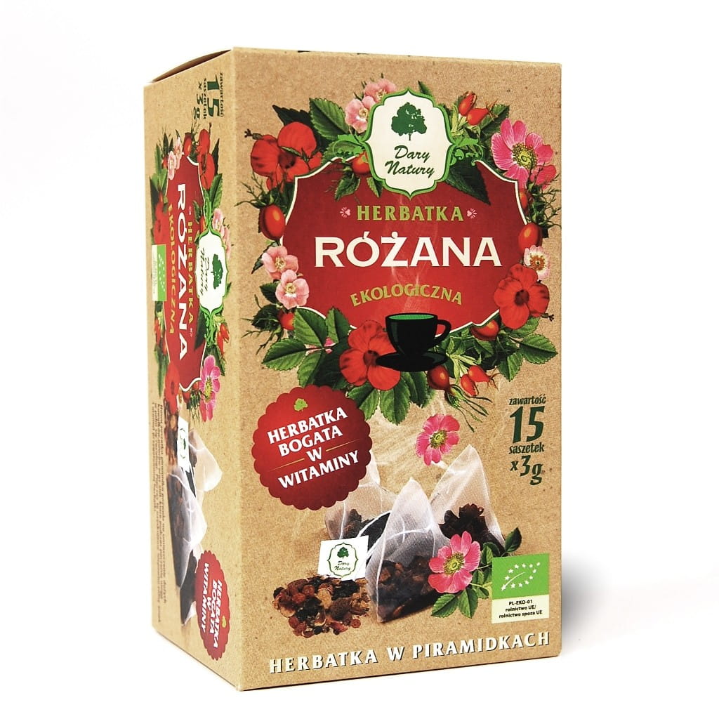 Bio-Rosen-Tee in Pyramidenbeutel, 15 Stück, von DARY NATURY, zeigt elegante Rosenblüten im Teeei für natürlichen Genuss