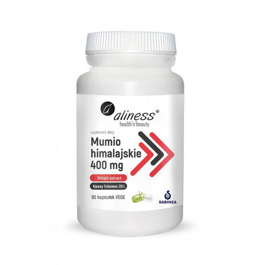Himalaya-Mumio-Shilajit-Extrakt von ALINESS, 90 Kapseln, zeigt die Packung mit Kapseln und Produktbeschreibung auf der Verpackung.