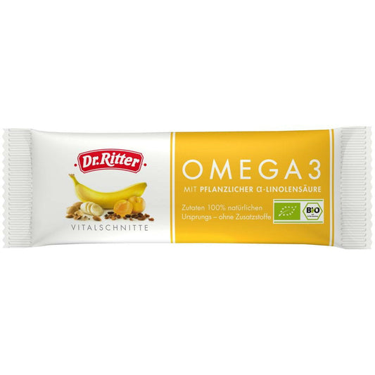 Bio Energieriegel mit Omega 3 von DR. RITTER, 40 g, zeigt der Riegel mit Nüssen und Getreide in Verpackung