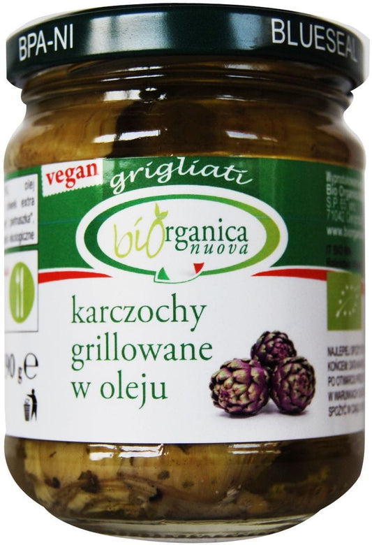 Gegrillte Artischocken in Öl BIO von BIORGANICA NUOVA, 190 g, frisch und saftig, in einem Glasbehälter sichtbar.