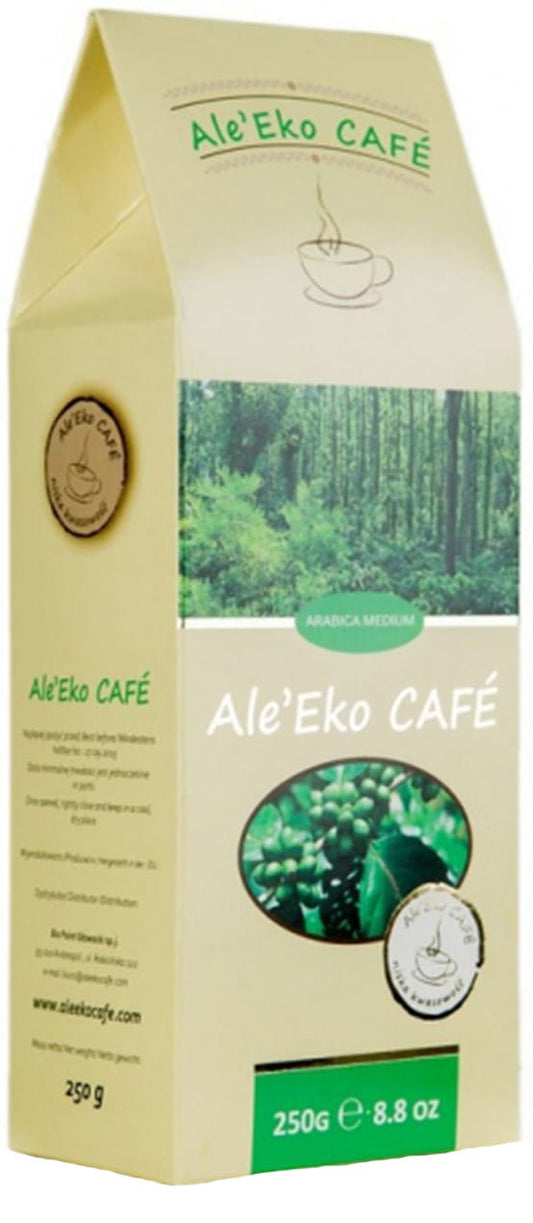 Bio Arabica-Kaffeebohnen von ALE EKO CAFE, 250 g, frisch und aromatisch, in einer transparenten Verpackung sichtbar