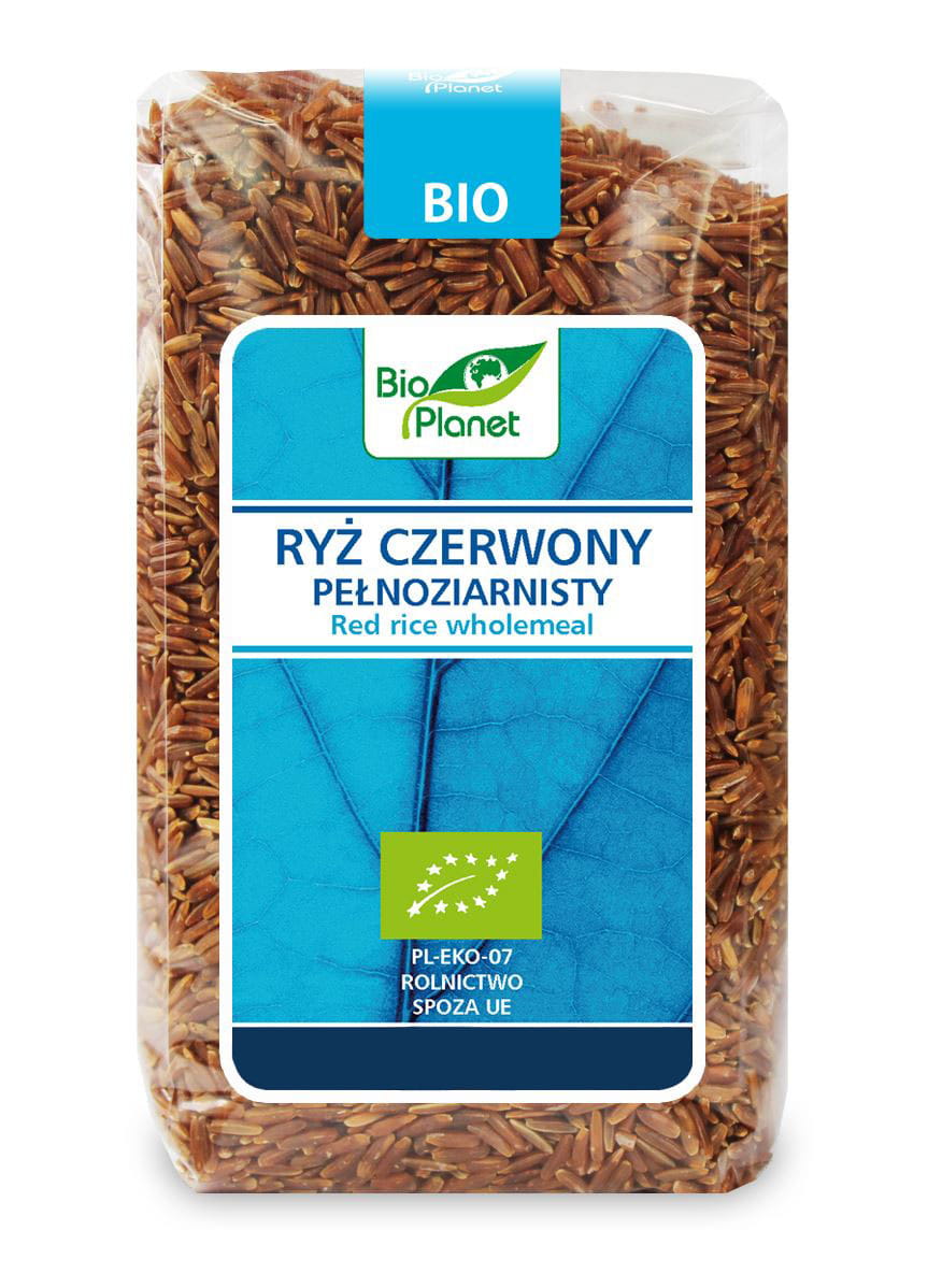 Roter Vollkornreis BIO von BIO PLANET, 500 g, ungekocht, in einer transparenten Verpackung sichtbar