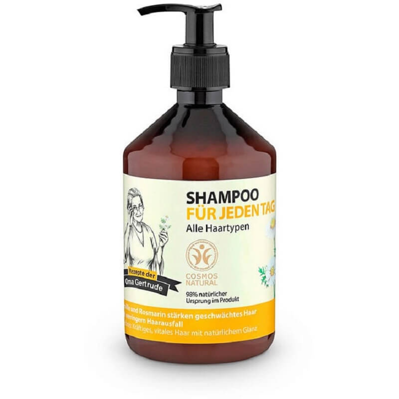 Shampoo für alle Haartypen von OMA GERTRUDE, 500 ml Flasche, cremige Textur, zeigt das Produkt in einer weißen Flasche