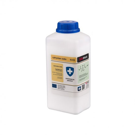 Natriumcitrat 1 kg von BIOMUS, chemisches Trisodiumcitrat in Pulverform auf weißem Hintergrund.