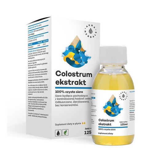Kolostrumextrakt von AURA HERBALS in 125ml Flasche, zeigt die Verpackung mit Produktbeschreibung und Etikett.