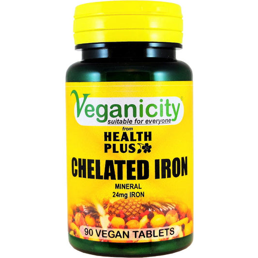Eisenchelat 24mg VEGANICITY, 90 vegane Tabletten, sichtbare Packung mit Tabletten in einer Dose
