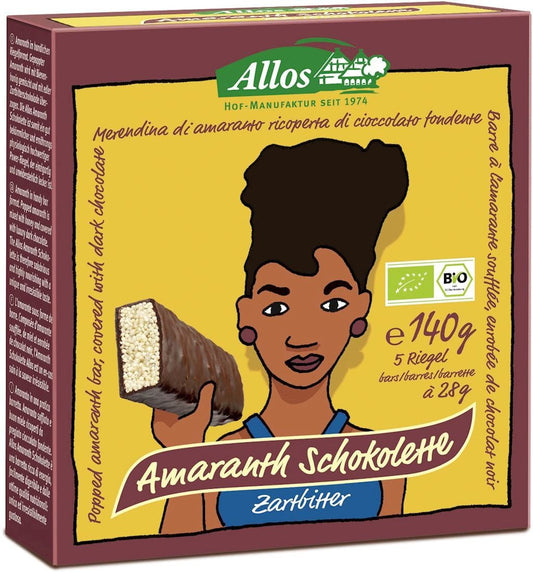 Bio Amaranth-Riegel in Zartbitterschokolade von ALLOS, 140 g, 5 Stück, zeigt die Riegel in ihrer Verpackung.
