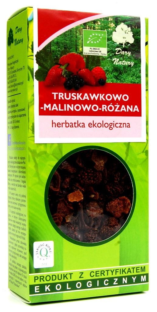 Bio Erdbeer-Himbeer-Rosentee von DARY NATURY, 100 g, frischer Kräutertee mit Erdbeer- und Himbeergeschmack, in Packung.