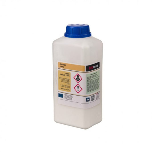 Cerdioxid in 100g Verpackung von BIOMUS, chemisches Produkt mit weißen Kristallen, auf weißem Hintergrund.