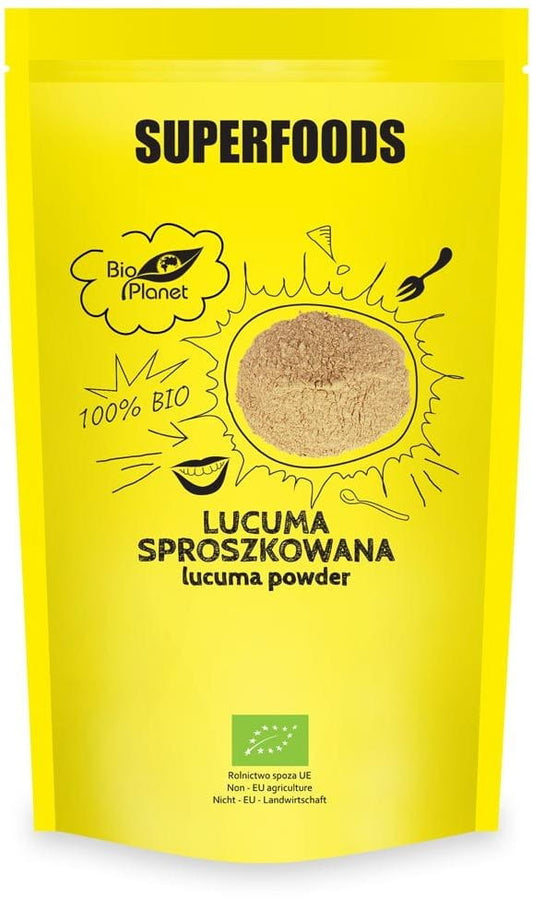 Bio Lucuma Pulver 200 g von BIO PLANET, fein gemahlenes Superfood in einer Packung auf dem Bild.
