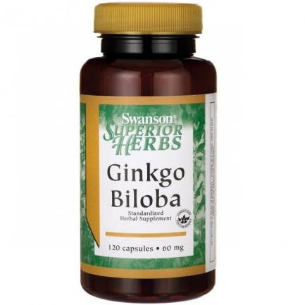 Swanson Ginkgo-Extrakt Ginkgoselect Ginkgo Biloba in 120 Kapseln, zeigt die Verpackung und Kapseln des Nahrungsergänzungsmittels