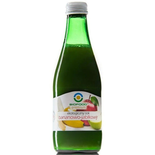 Bio Bananen- und Apfelsaft von BIO FOOD in 300 ml Flasche, zeigt fruchtigen Saft mit Bananen und Äpfeln auf der Verpackung