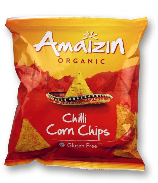 Knusprige glutenfreie Maischips von AMAIZIN, BIO, 75 g, mit goldener Farbe und knuspriger Textur.