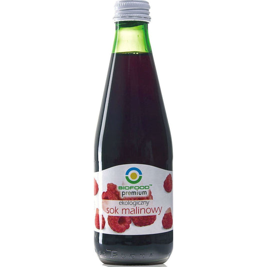 Bio Himbeersaft in 300 ml Flasche von BIO FOOD, frisch und naturbelassen, zeigt die reifen Himbeeren in der Flasche
