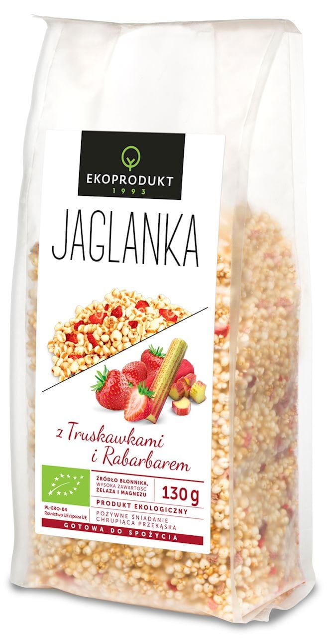 Bio Hirse mit Erdbeeren und Rhabarber von EKOPRODUKT, zeigt eine Schale mit fruchtiger Hirse-Mischung.