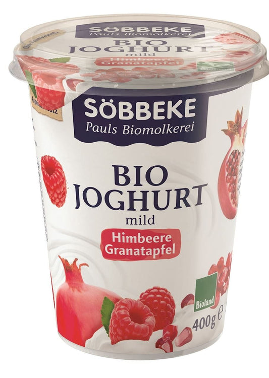 Himbeer-Joghurt mit Granatapfel, BIO, 400 g, SOBBEKE, cremig, mit frischen Himbeeren und Granatapfelstücken sichtbar