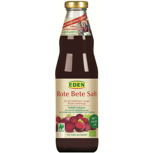 Bio-Rote-Bete-Saft von EDEN in 750 ml Flasche, zeigt die rote Rote-Bete-Saftflasche mit Label und Deckel.