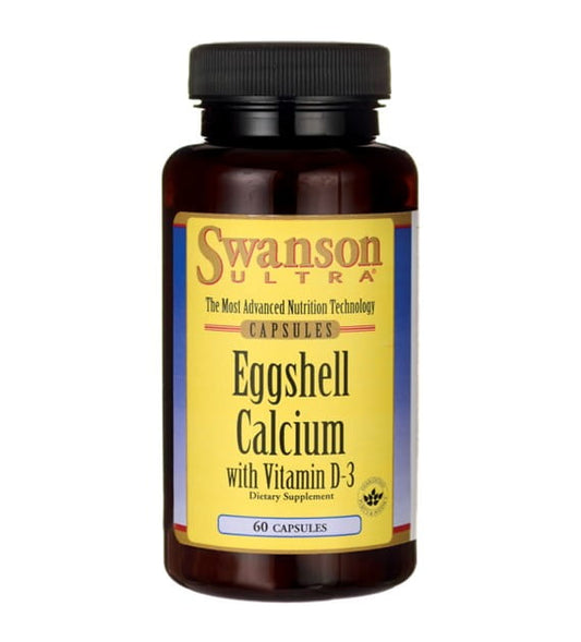 Swanson Eierschalenkalzium mit Vitamin D3 in 60 Kapseln, Nahaufnahme der Verpackung und Kapseln auf weißem Hintergrund