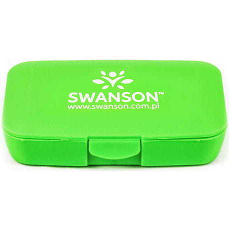Bunte Swanson Tablettenbox mit vier Fächern, ideal für die Aufbewahrung von Medikamenten oder Nahrungsergänzungsmitteln.
