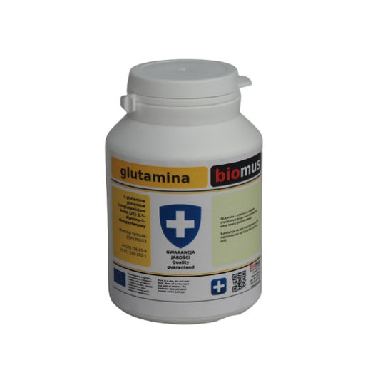 Glutamin 100g von BIOMUS, Pulverform in einer transparenten Dose, sichtbar auf dem Produkt.