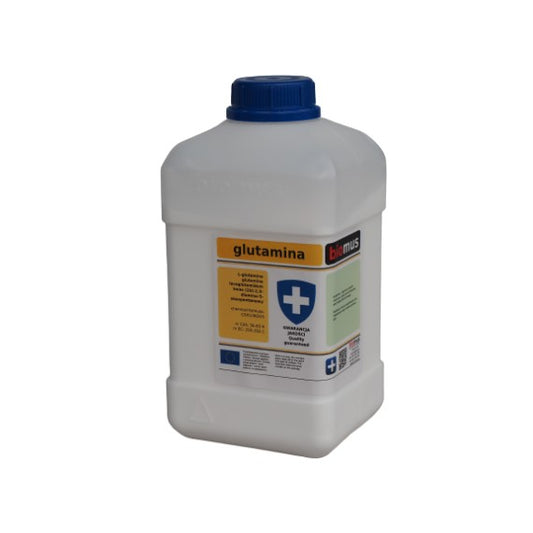 Hochwertiges Glutamin 1 kg von BIOMUS, weiße Pulverpackung mit Produktbeschreibung und Logo sichtbar.