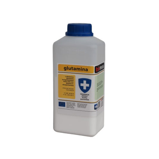 Glutamin 500 g von BIOMUS, weiße Pulverpackung, ideal für Muskelregeneration, auf weißem Hintergrund abgebildet.