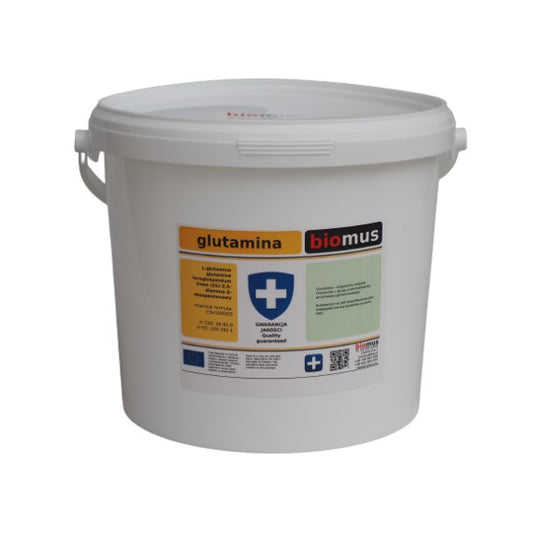 Glutamin Pulver in 3 kg Verpackung von BIOMUS, weiße Pulverform, für Muskelaufbau und Regeneration.