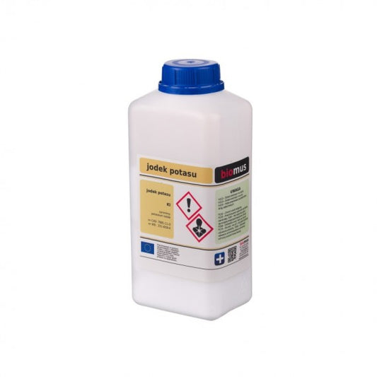 Jod-Kaliumiodid 1kg von BIOMUS in einer transparenten Verpackung, zeigt das Produkt für landwirtschaftliche und medizinische Anwendungen.