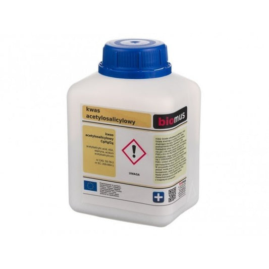 Acetylsalicylsäure 250g von BIOMUS, weiße Pulverpackung mit Etikett, chemischer Wirkstoff für Schmerzmittel