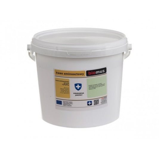 Aminosäure Glycin in 5 kg Verpackung von BIOMUS, chemische Aminosäure für Nahrungsergänzung oder Laboranwendungen.