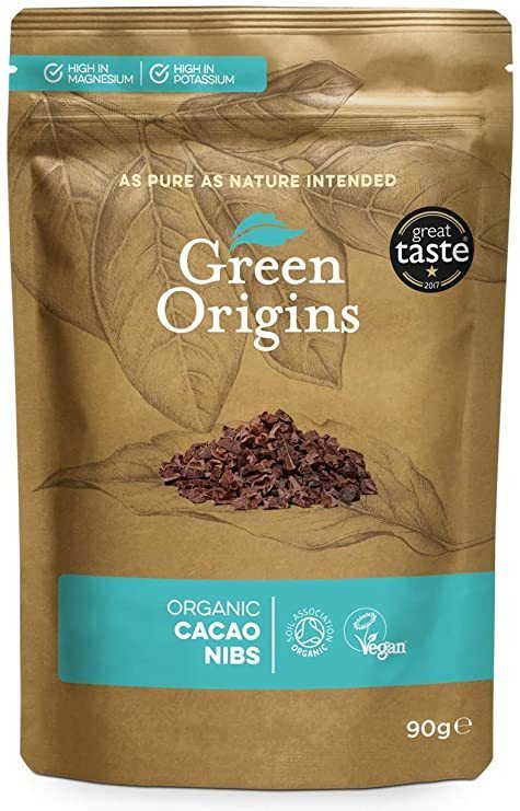 Bio Kakaonibs von GREEN ORIGINS, 90 g, grüne Herkunft, organische Kakaobohnen in einer offenen Packung sichtbar