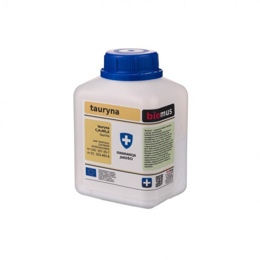Taurin Pulver von BIOMUS, 250g, fein gemahlenes Nahrungsergänzungsmittel in einer transparenten Verpackung.