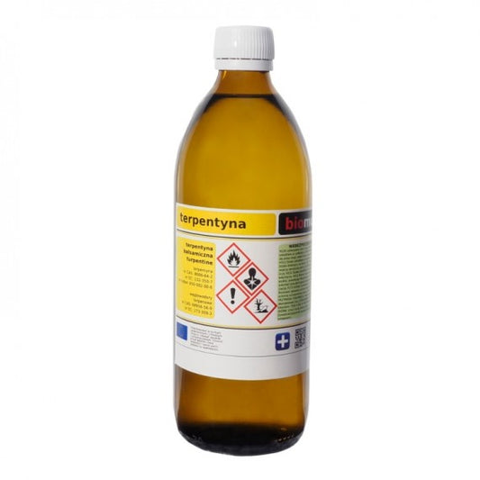 Flasche mit 500 ml BIOMUS Terpentin, klare Flüssigkeit in transparentem Behälter für künstlerische und industrielle Anwendungen